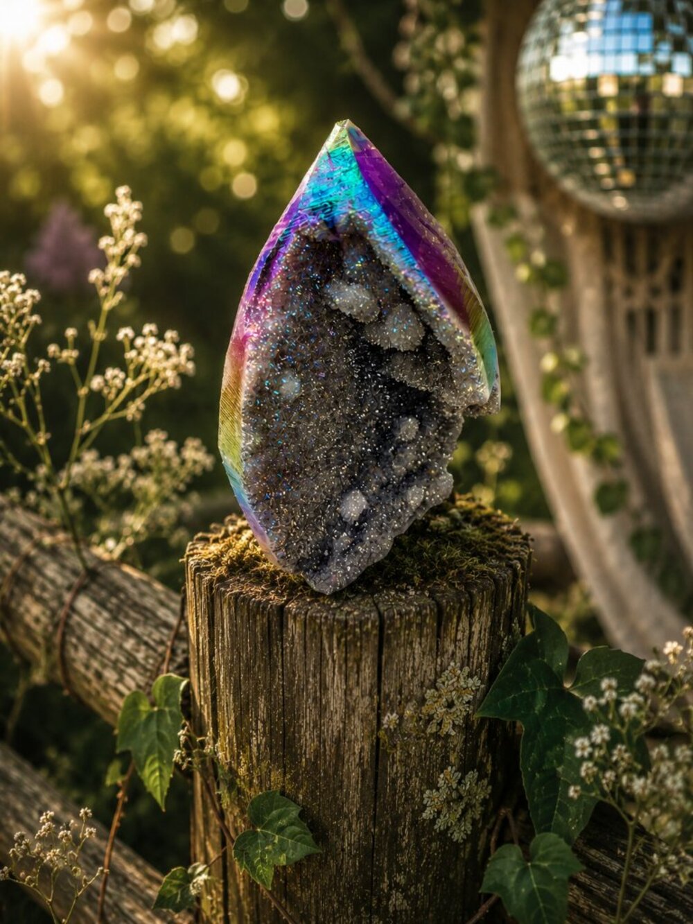 Iridescent Titanium Aura Quartz Geode - Purple & Green Sheen Rock